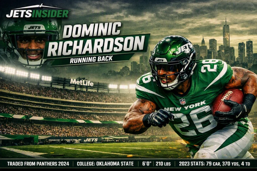 Dominic Richardson, running back for the New York Jets, sprinting from right to left with a football at MetLife Stadium; JetsInsider logo and “DOMINIC RICHARDSON – RUNNING BACK” text overlay with the New York City skyline in the background.