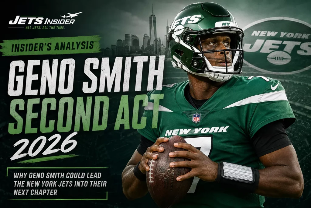 New York Jets quarterback Geno Smith featured in a dramatic 2026 comeback-themed editorial header for JetsInsider analysis.