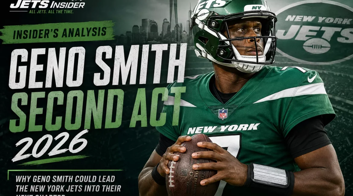 New York Jets quarterback Geno Smith featured in a dramatic 2026 comeback-themed editorial header for JetsInsider analysis.