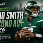 New York Jets quarterback Geno Smith featured in a dramatic 2026 comeback-themed editorial header for JetsInsider analysis.