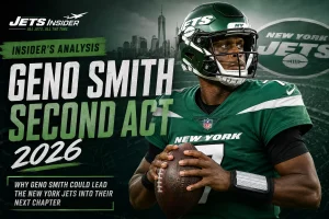 New York Jets quarterback Geno Smith featured in a dramatic 2026 comeback-themed editorial header for JetsInsider analysis.