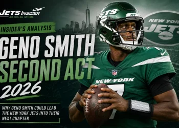New York Jets quarterback Geno Smith featured in a dramatic 2026 comeback-themed editorial header for JetsInsider analysis.