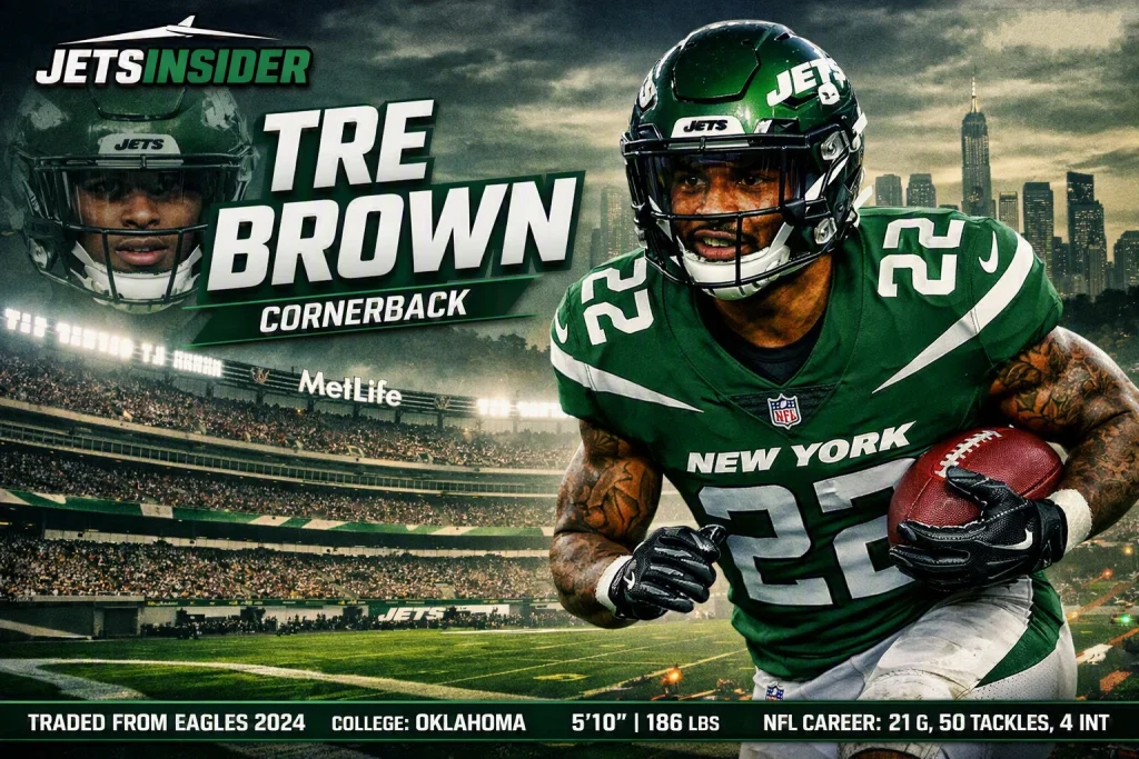 Tre Brown, cornerback for the New York Jets, in a defensive stance at MetLife Stadium; JetsInsider logo and “TRE BROWN – CORNERBACK” text overlay with the New York City skyline in the background