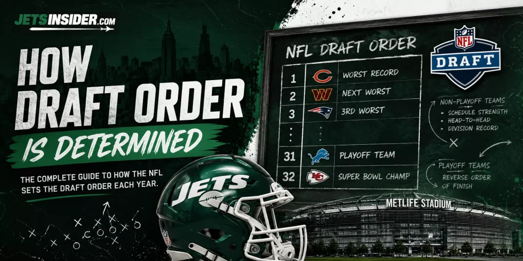 How NFL draft order is determined featuring a New York Jets helmet, NFL Draft board, draft order rules, and MetLife Stadium in a green-themed header banner.
