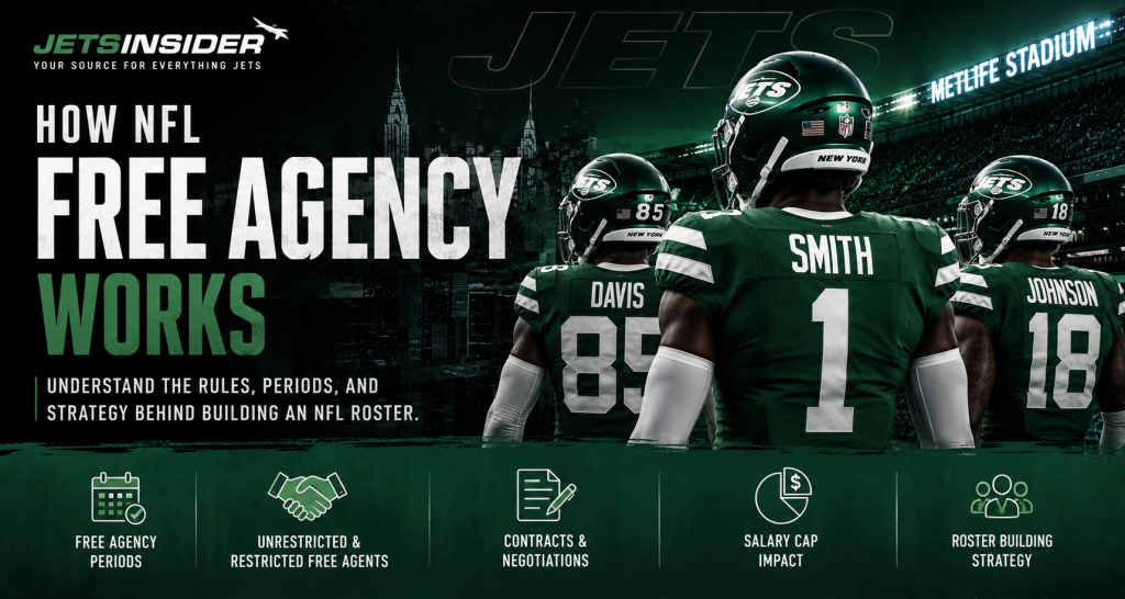JetsInsider header image for the "How NFL Free Agency Works" guide featuring New York Jets players and highlighting free agency periods, unrestricted and restricted free agents, contracts, salary cap impact, and roster-building strategy.