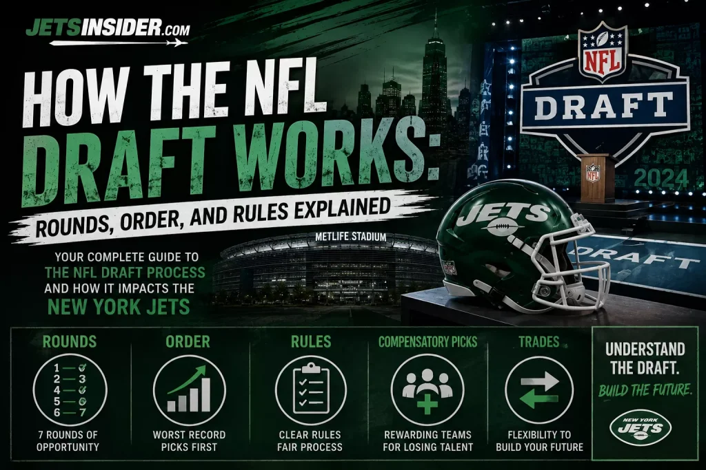 NFL Draft guide header featuring the New York Jets helmet, NFL Draft stage, MetLife Stadium, and graphics explaining the seven rounds, draft order, compensatory picks, trades, and NFL Draft rules.