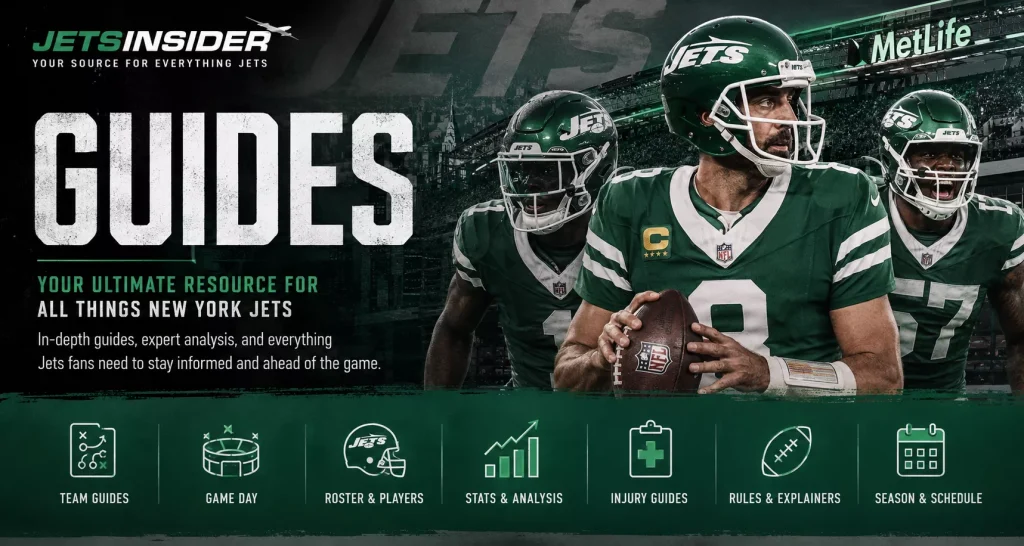 JetsInsider Guides hub header featuring New York Jets players at MetLife Stadium with resources for team guides, game day, roster, stats and analysis, injury guides, rules and explainers, and season schedule.
