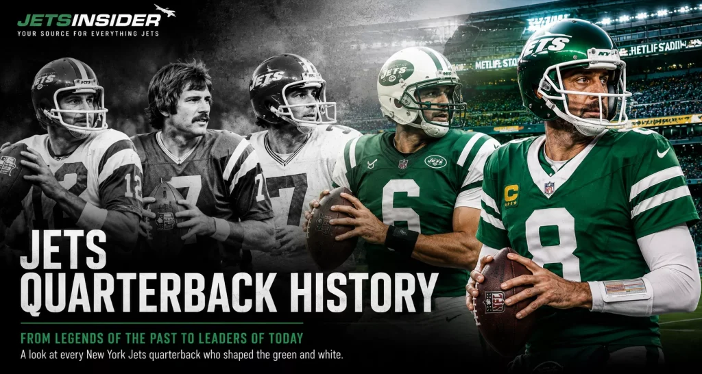 JetsInsider header image illustrating New York Jets quarterback history, transitioning from black-and-white images of legendary Jets quarterbacks to full-color modern quarterbacks at MetLife Stadium.
