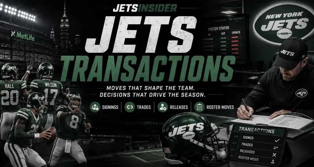 New York Jets Transactions header graphic featuring Jets players, MetLife Stadium, roster move icons, signings, trades, releases, and front office decision-making for JetsInsider.