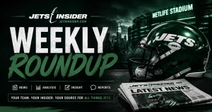 Image header Weekly Roundup of NY Jets stories, the title in white and green letters, on a dark background showing the NYC skyline, a Jets helmet, and a JETSINSIDER newspaper with Latet News