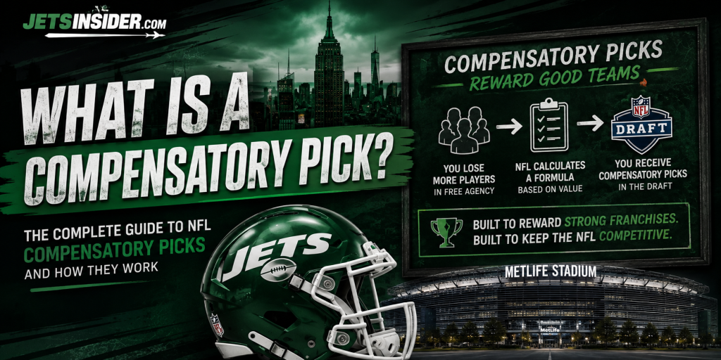 New York Jets compensatory pick guide header showing a Jets helmet, NFL Draft graphic, compensatory pick process infographic, and MetLife Stadium explaining how NFL teams earn compensatory draft selections.