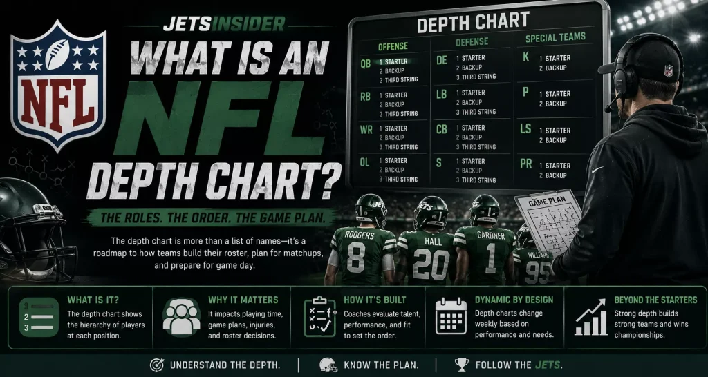 NFL depth chart explainer header featuring a football coach reviewing a depth chart board, NFL players organized by position, and graphics illustrating starters, backups, position hierarchy, roster construction, and game-day strategy.