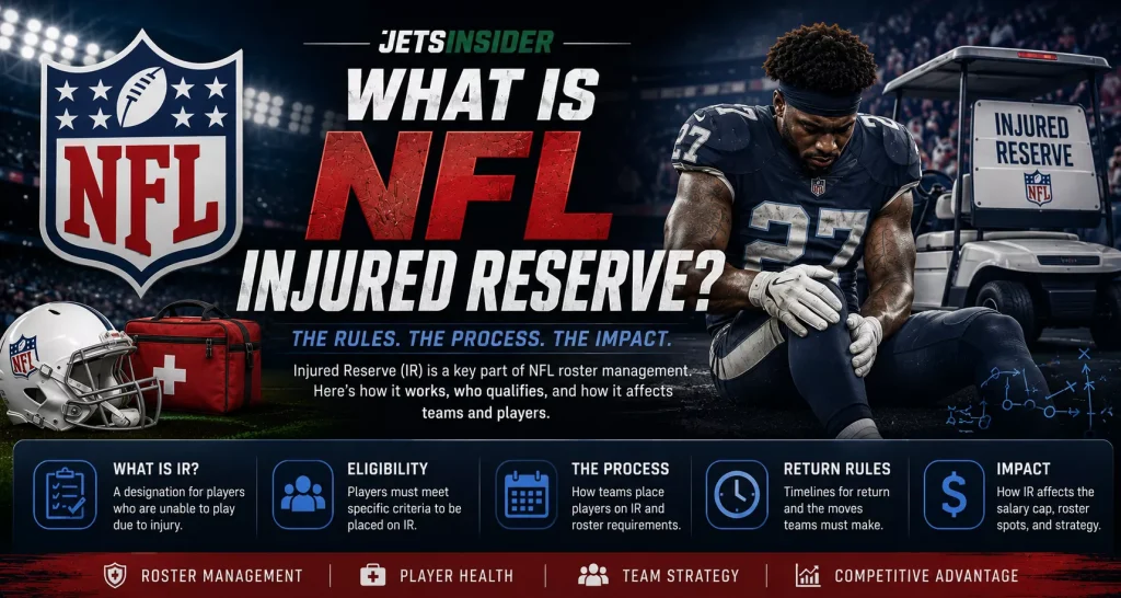 NFL Injured Reserve (IR) explainer header featuring an injured football player, NFL branding, medical equipment, and graphics illustrating IR eligibility, roster rules, return timelines, and the impact of Injured Reserve on NFL teams, player health, and salary cap management.