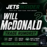 New York Jets edge rusher Will McDonald featured in a dramatic trade rumors graphic with MetLife Stadium, New York skyline, and trade-themed visuals highlighting speculation about his future with the Jets.