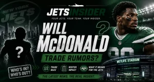 New York Jets edge rusher Will McDonald featured in a dramatic trade rumors graphic with MetLife Stadium, New York skyline, and trade-themed visuals highlighting speculation about his future with the Jets.