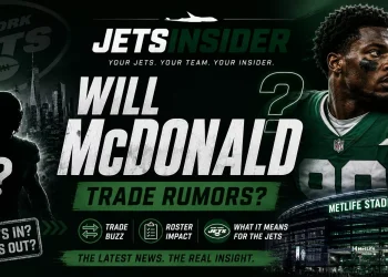 New York Jets edge rusher Will McDonald featured in a dramatic trade rumors graphic with MetLife Stadium, New York skyline, and trade-themed visuals highlighting speculation about his future with the Jets.