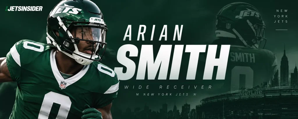A dark green banner image with Jetsinsider in white letter top left corner, NY Jets in white right corner, and iage of Arien Smith from the ait up and his name is large bold white letters