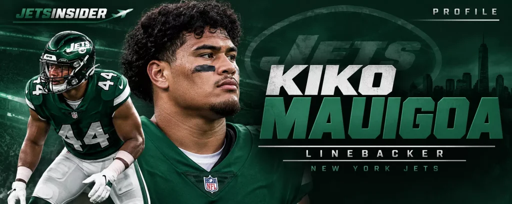 Header image for Kiko Mauigoa page, with JetsInsider text in upper left corneer, Profile in upper right corner, then an image of kiki in defensive stance earing number 44, and a helmetles headhot and his name in large white and green letter, under them Linebacker and New York Jets