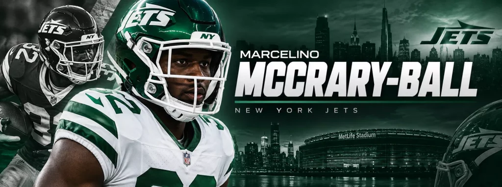 Header image for Mercelino Mccrary-Ball page, with JNew York Jets in the upper corner, text in upper left corneer, Profile in upper right corner, then an image of McCrary-Ball in defensive stance , with helmet headhot and his name in large white and green letter, under them Linebacker and New York Jets