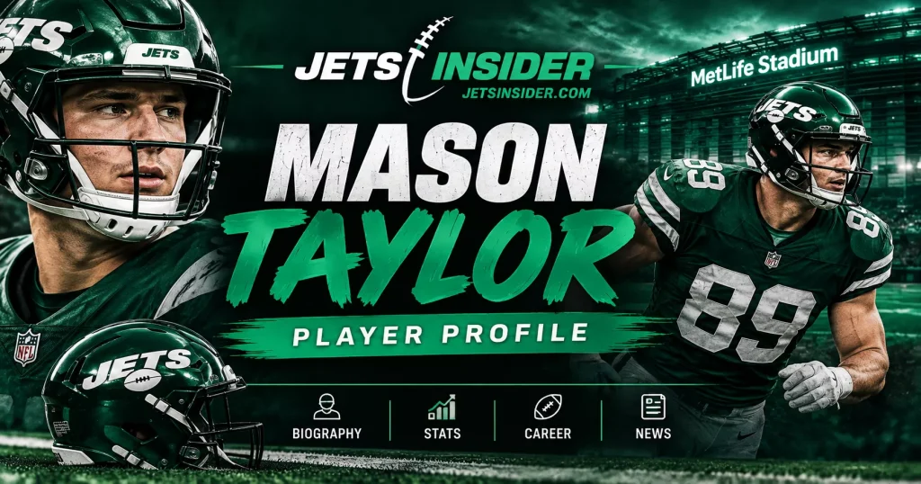 New York Jets tight end Mason Taylor player profile header featuring Mason Taylor in a Jets uniform at MetLife Stadium, representing his biography, career, statistics, roster information, and latest team news.