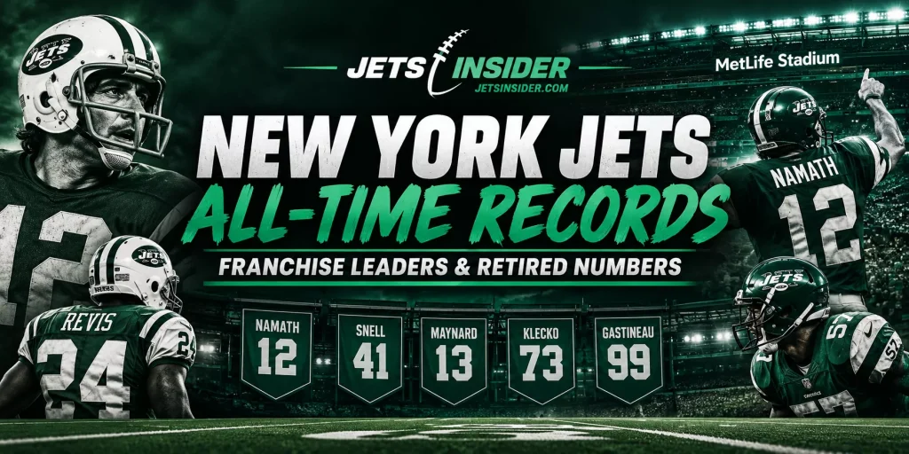 New York Jets all-time records header featuring legendary Jets players, retired numbers, MetLife Stadium, and franchise history graphics highlighting career leaders, team records, and retired jerseys throughout Jets history.