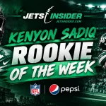 New York Jets rookie Kenyon Sadiq featured in a Rookie of the Week graphic after earning Pepsi NFL Rookie of the Week honors, with MetLife Stadium, Jets branding, and football action imagery highlighting his standout performance and recognition.